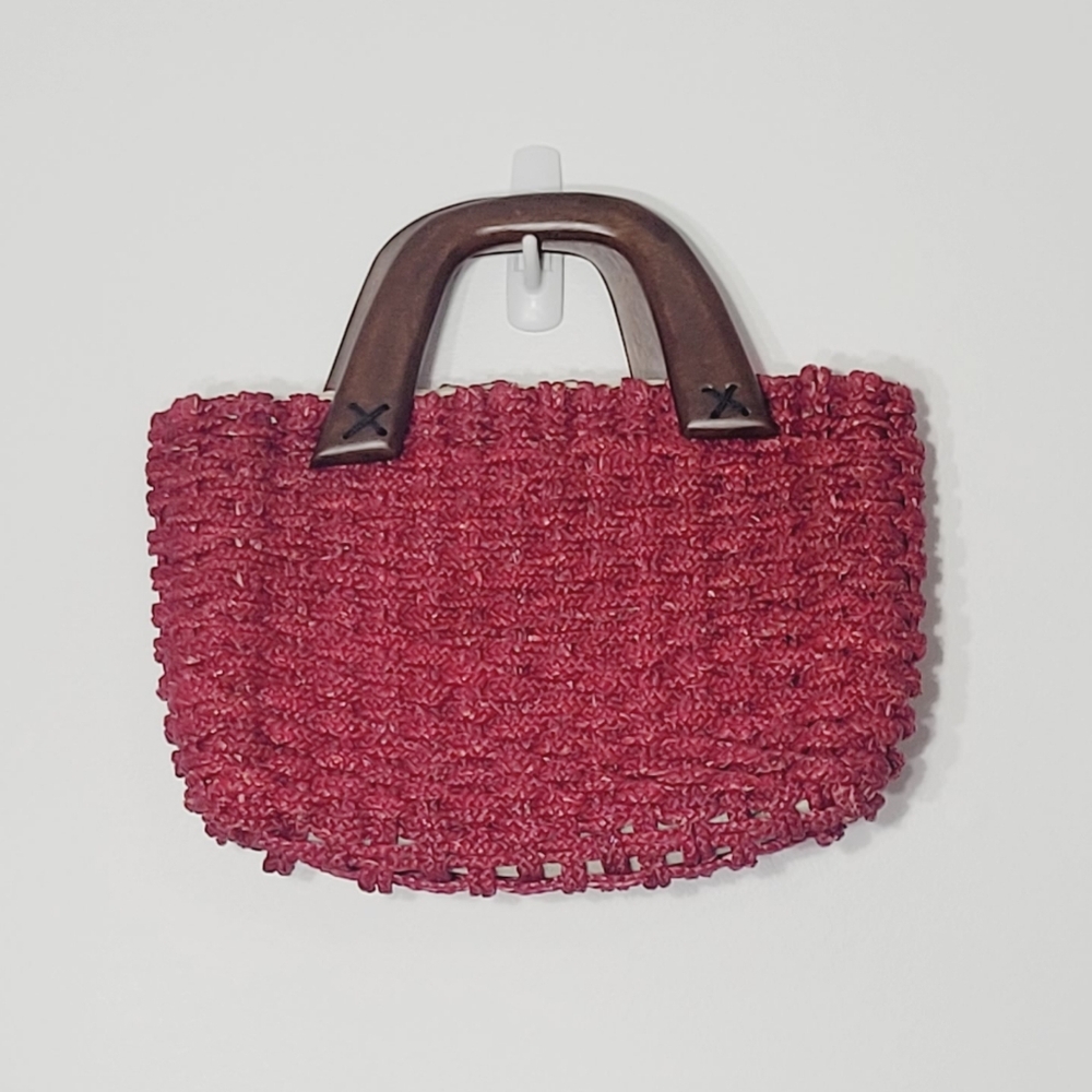Wooden Brown Top Handle Red Woven Coquette Wicker Purse Hand Held Cottagecore